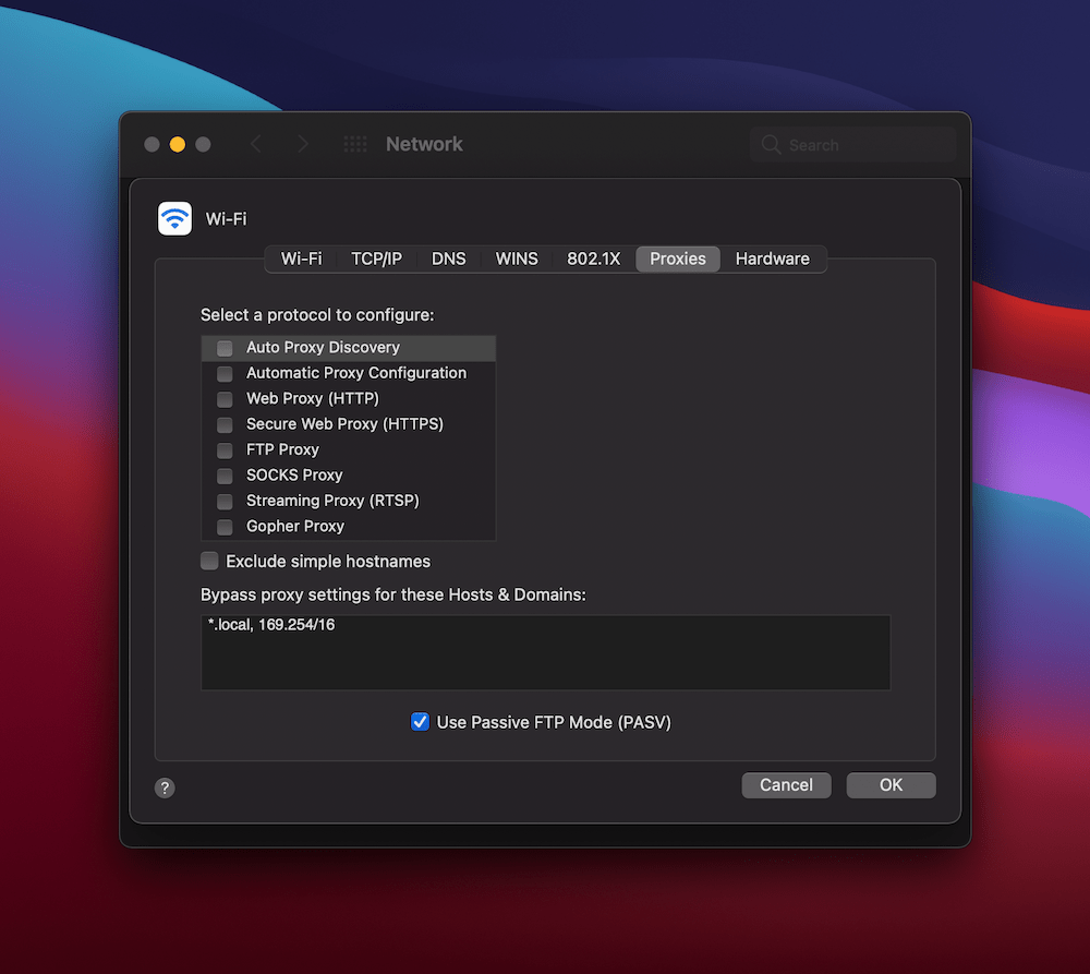 Die macOS-Registerkarte Proxies.
