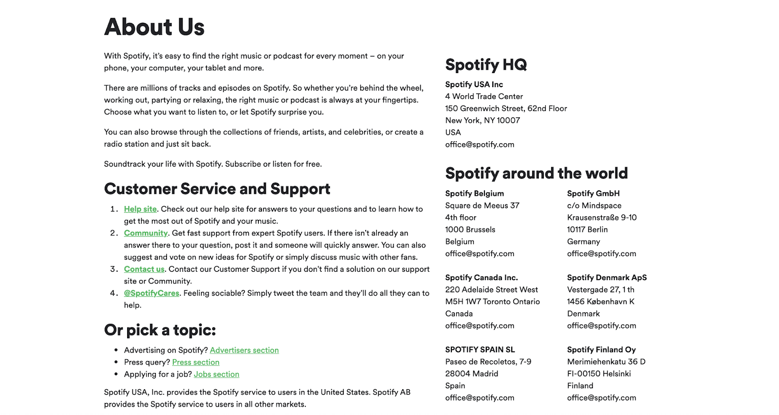 Page À propos de nous de Spotify.