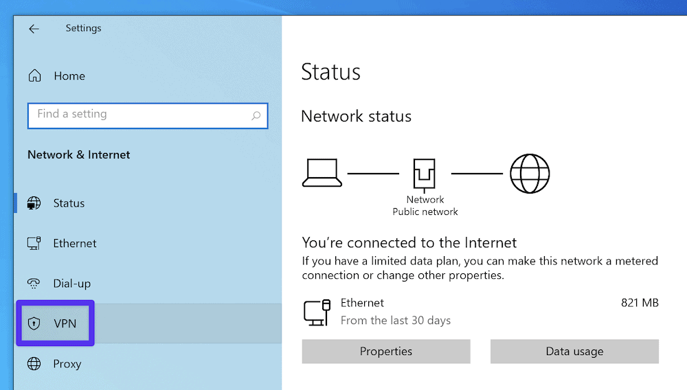 Die Registerkarte Windows VPN.