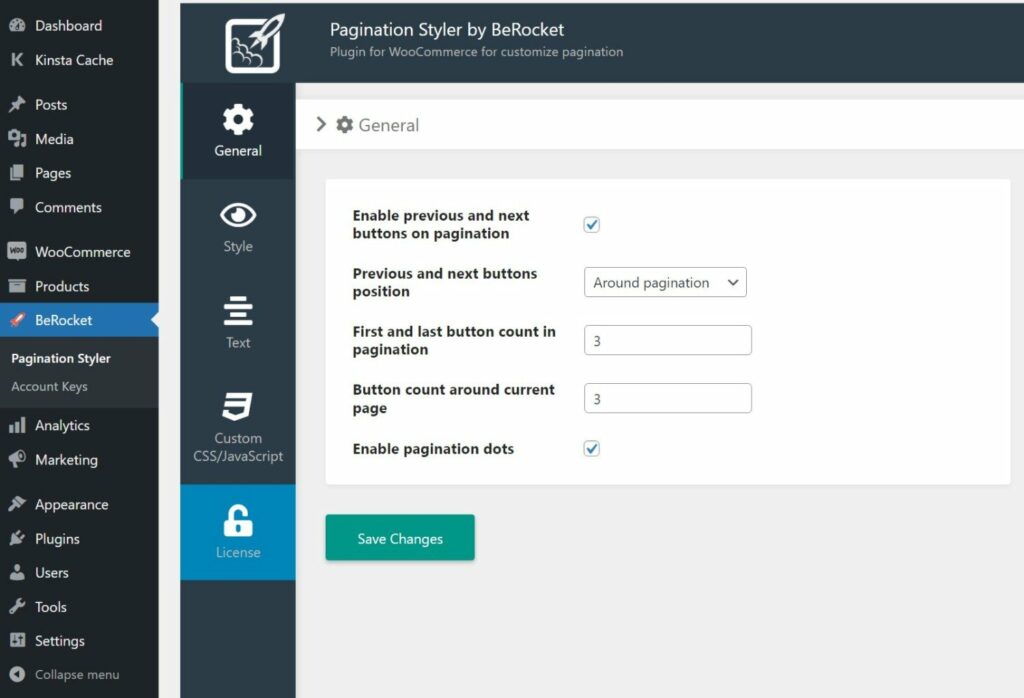 L'area delle impostazioni di Pagination Styler for WooCommerce.