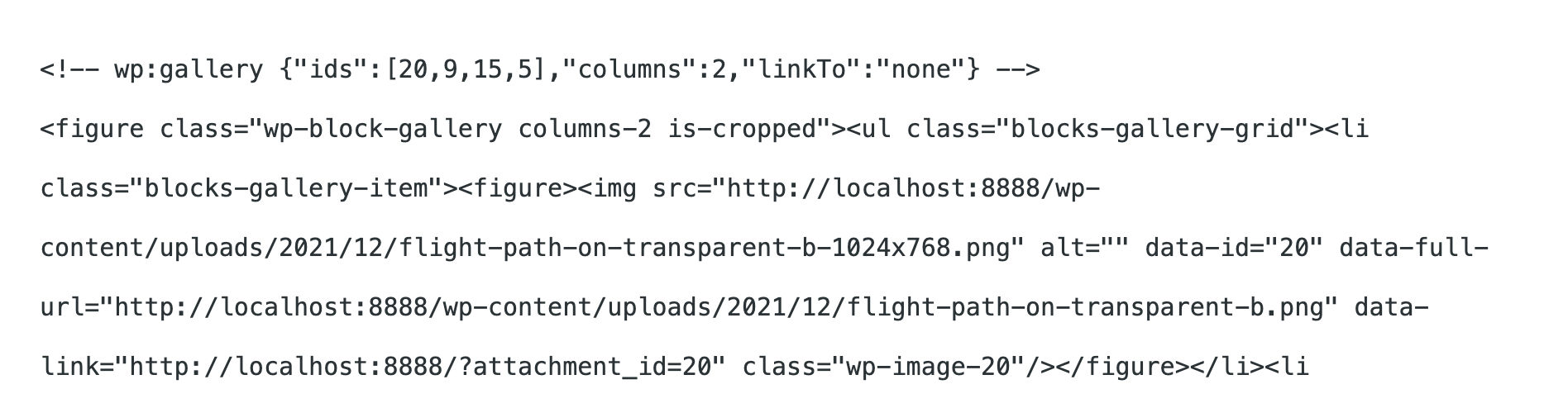 Gallery blok in Code view in WordPress 5.8.
