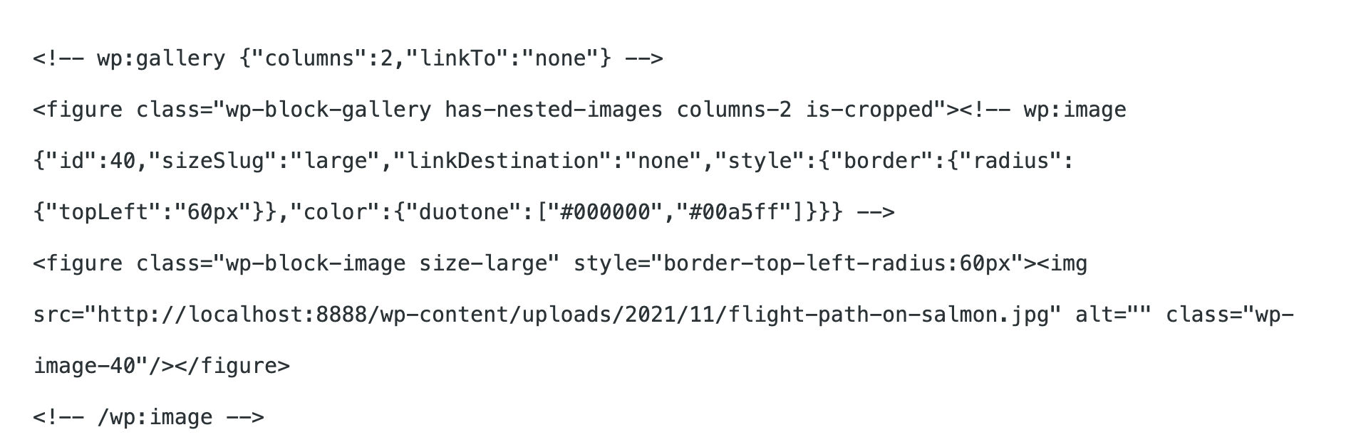  Gallery blok in Code view in WordPress 5.9