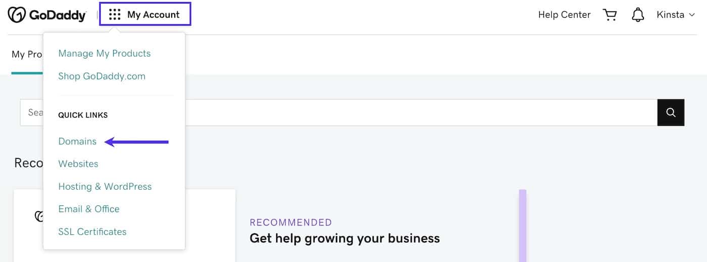  Sélectionnez Domaines dans le menu déroulant Mon compte dans GoDaddy.