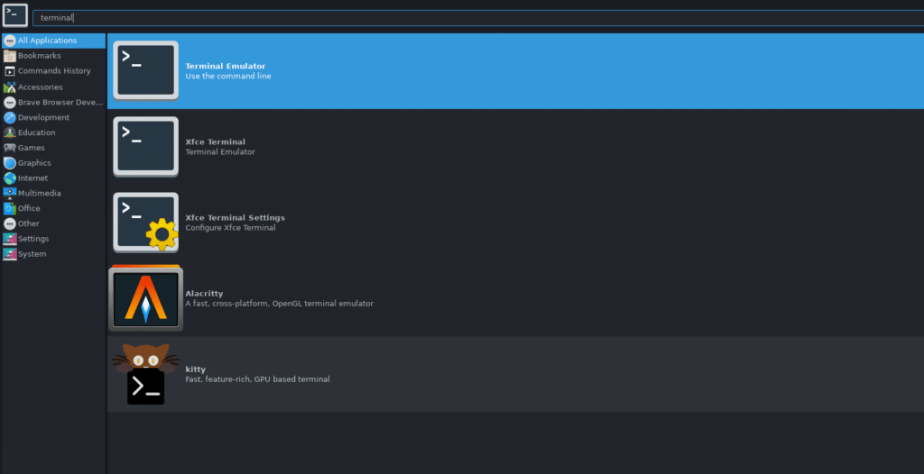 Localizador de aplicativos mostrando diferentes aplicativos de terminal, incluindo 