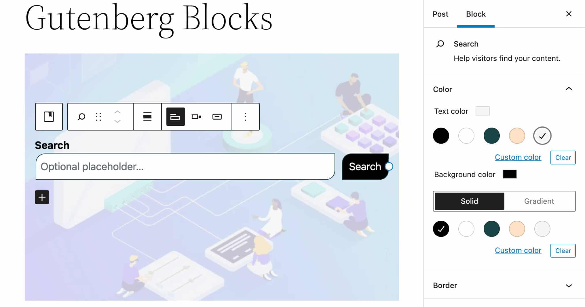 Kleurinstellingen Search blok.