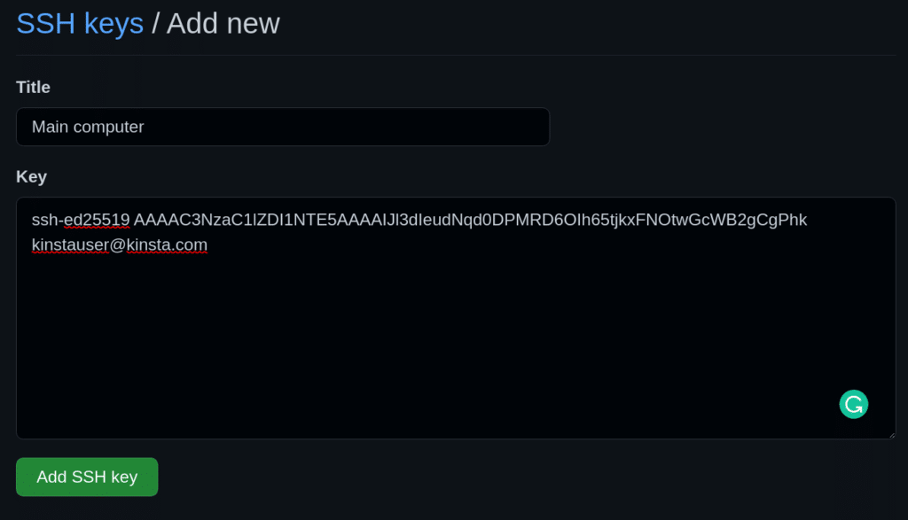 Adicione um novo formulário de chave SSH com os campos 