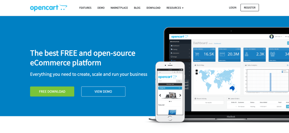 OpenCart La página de inicio de OpenCart que dice: