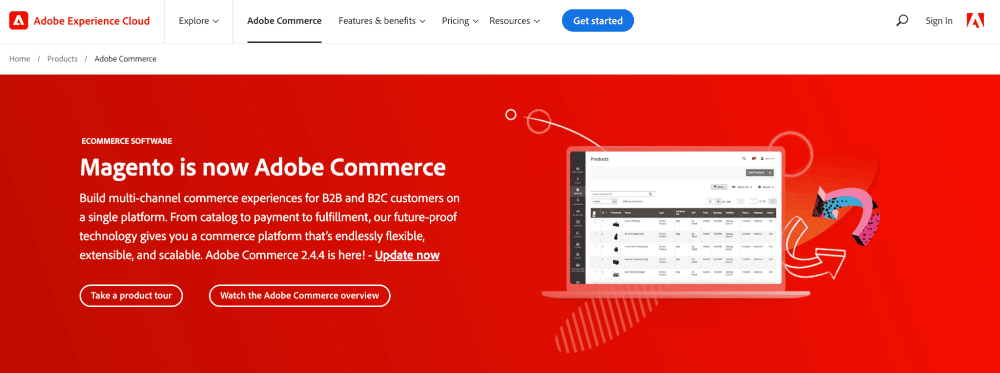 Adobe Commerce La página de inicio de Adobe Commerce que dice: