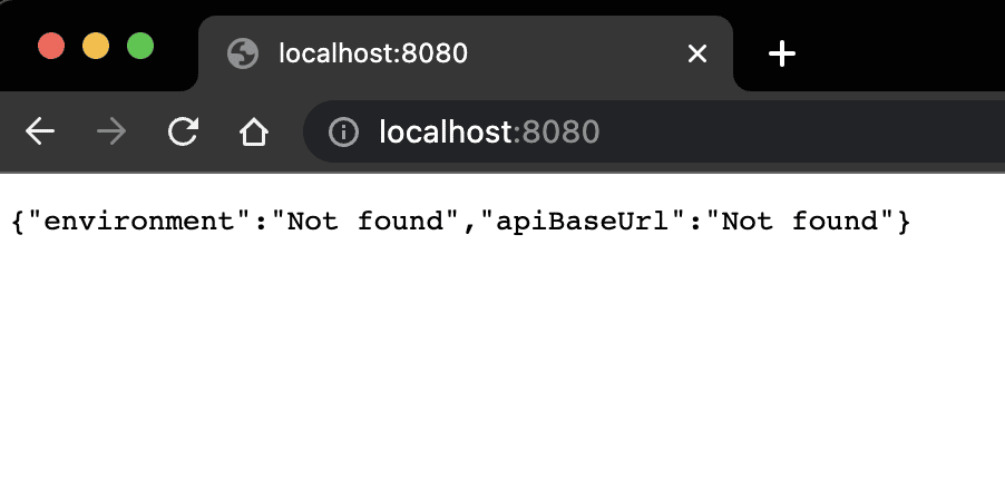 A JSON object with two keys environment and apiBaseUrl with values