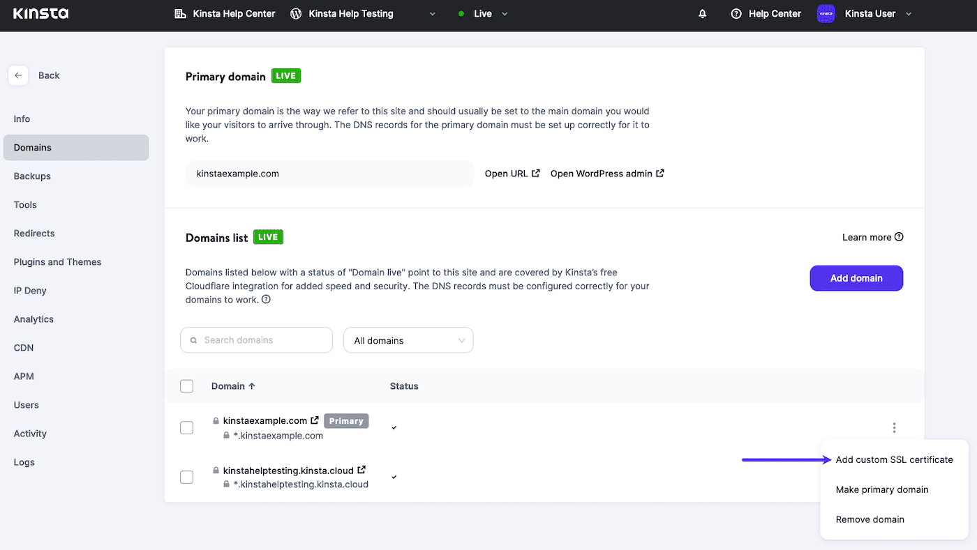 Screenshot: aggiunta di un certificato SSL personalizzato nella dashboard MyKinsta.