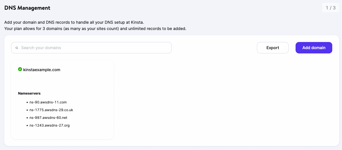 Servidores de nomes da Amazon Route 53 da Kinsta no MyKinsta.