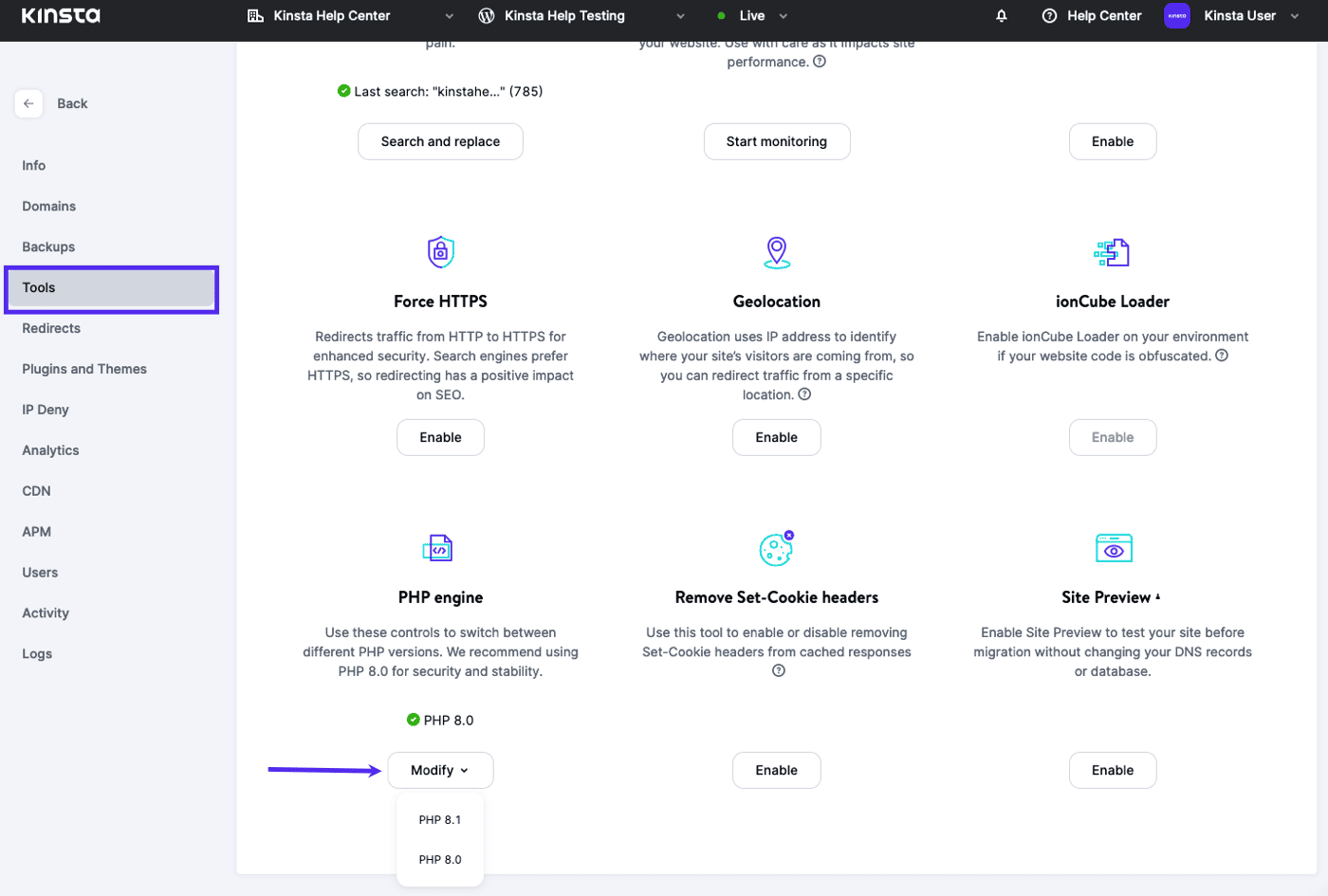 Update PHP in MyKinsta Actualizando la versión de PHP en MyKinsta.