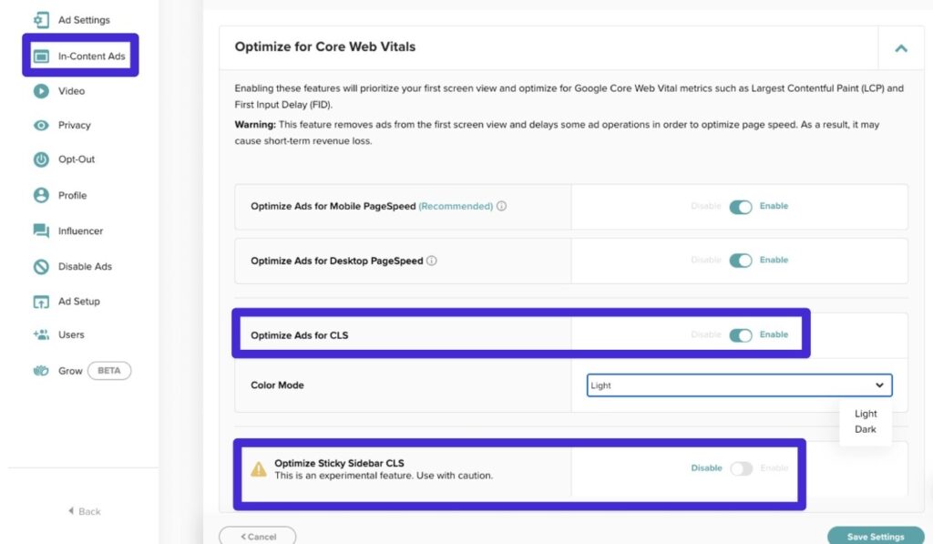 Configuración de Optimizar anuncios para CLS de Mediavine.