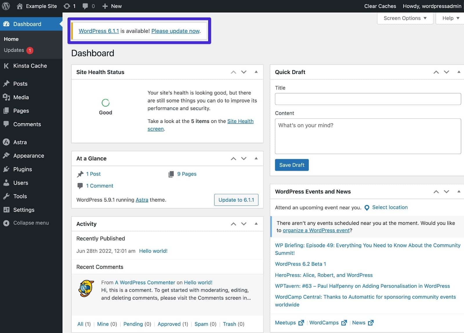 WordPress also shows update notices around your dashboard
