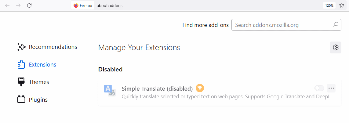 Erweiterungen deaktivieren in Firefox