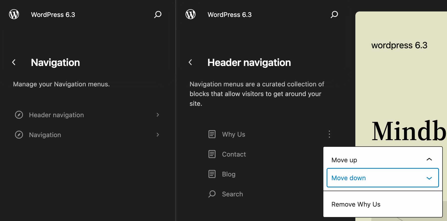 Menu di navigazione nell'Editor del sito