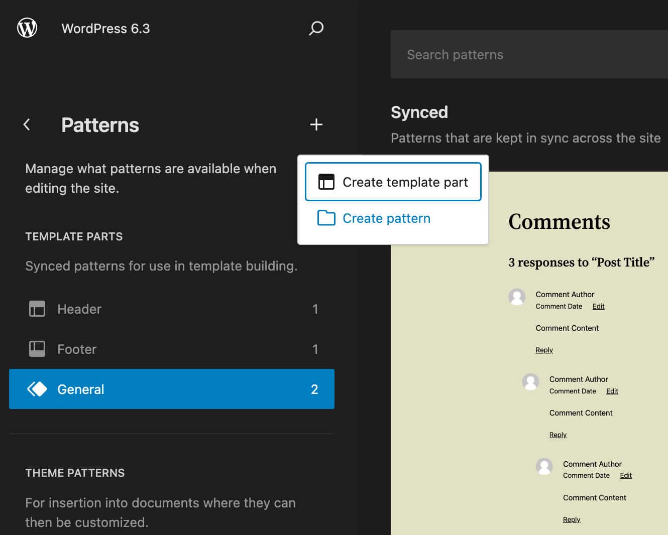 Creare nuovi block pattern e template part in WordPress 6.3