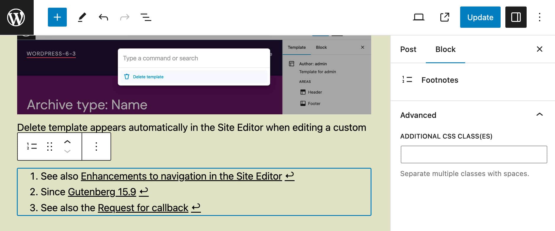 Il blocco Note a piè di pagina in WordPress 6.3