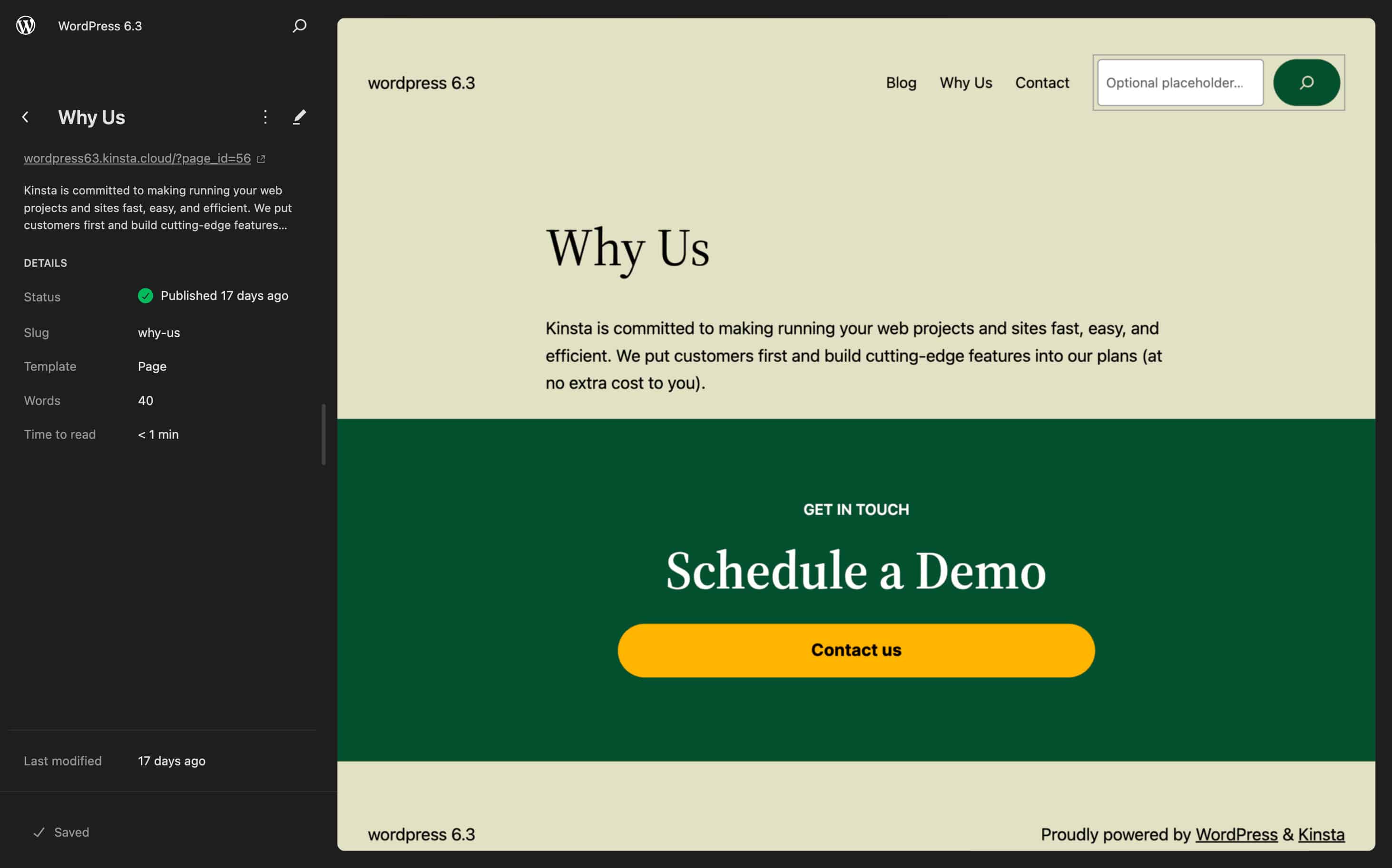 Dettagli della pagina nell'Editor del sito