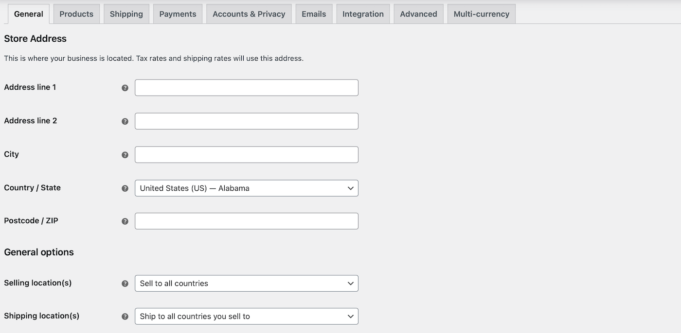 Configuración general WooCommerce