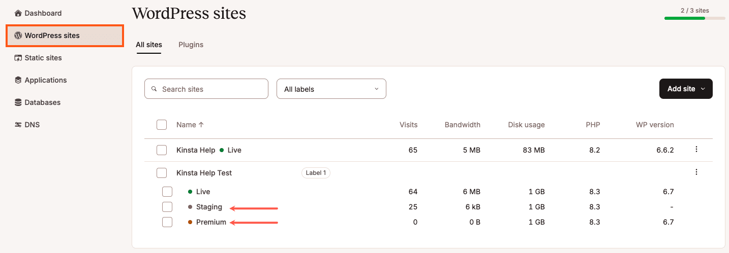 Selecteer een WordPress testomgeving in MyKinsta.