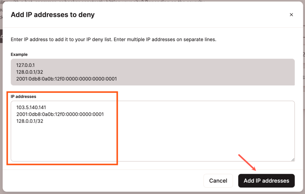 Añade una dirección IP a denegar en MyKinsta.