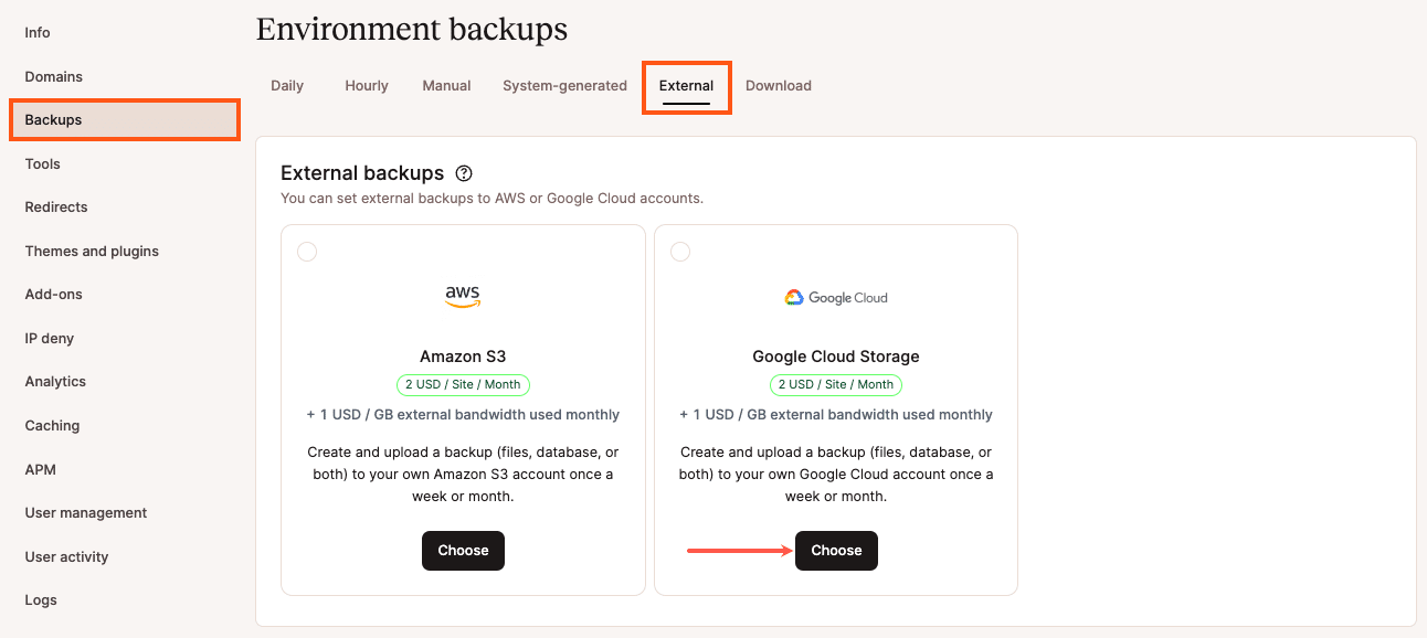Sélection de l'option Google Cloud Storage pour les sauvegardes externes.