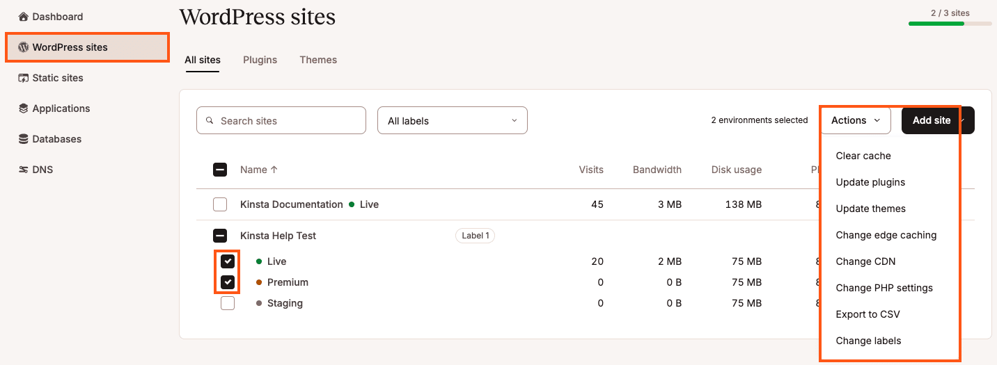 Voer bulkacties uit voor je WordPress omgevingen vanuit WordPress sites.