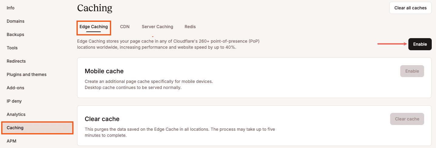 Option pour activer le cache edge dans l'onglet Cache de MyKinsta.