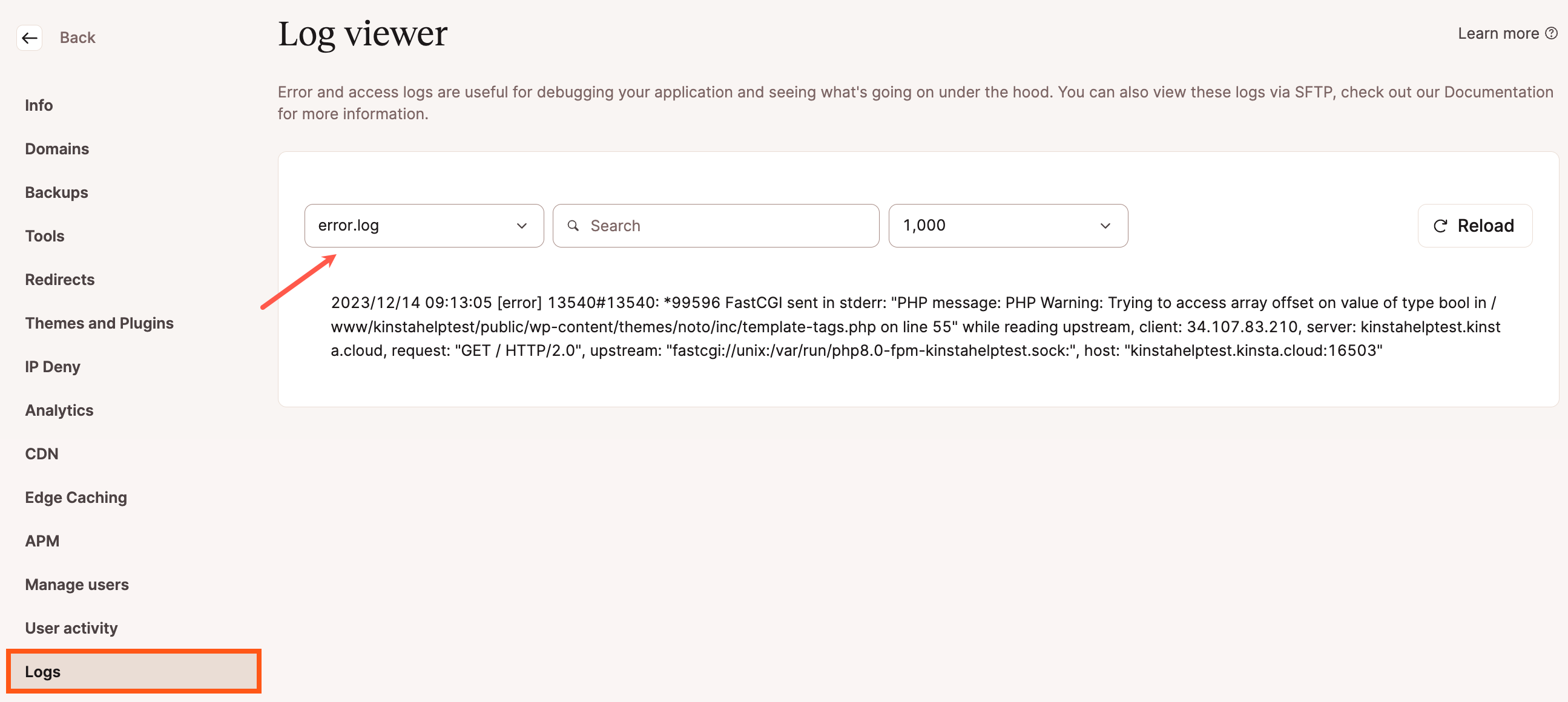 Captura de tela do visualizador de logs do MyKinsta.