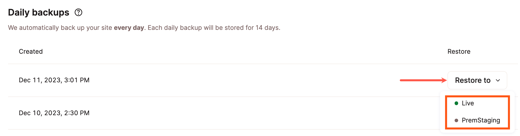 Een backup terugzetten in MyKinsta