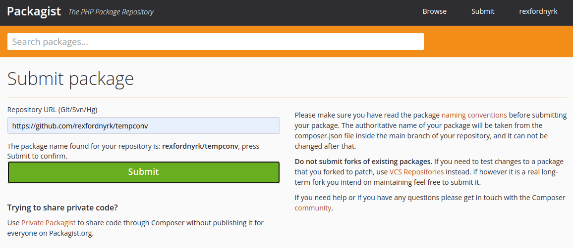 Screenshot der Composer-Paketdetails, die für die Übermittlung an Packagist bereit sind.