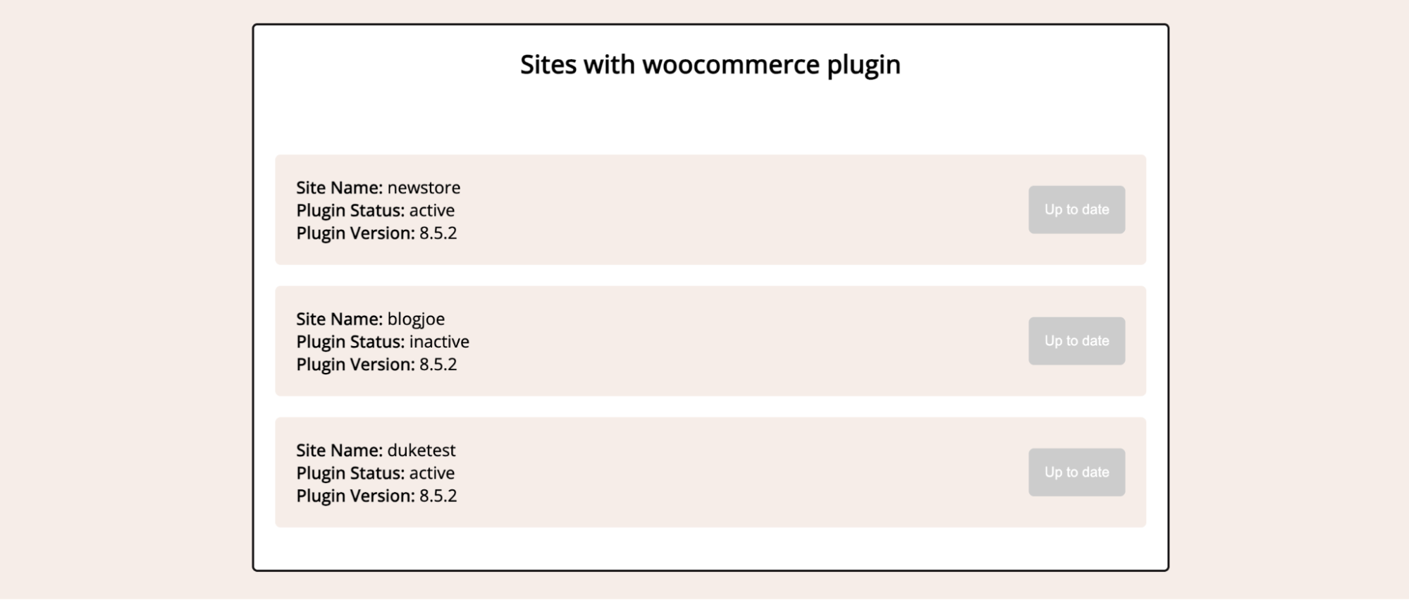 Une liste des sites qui utilisent une extension particulière du compte de la société Kinsta avec des boutons pour les mettre à jour individuellement ou en une seule fois.
