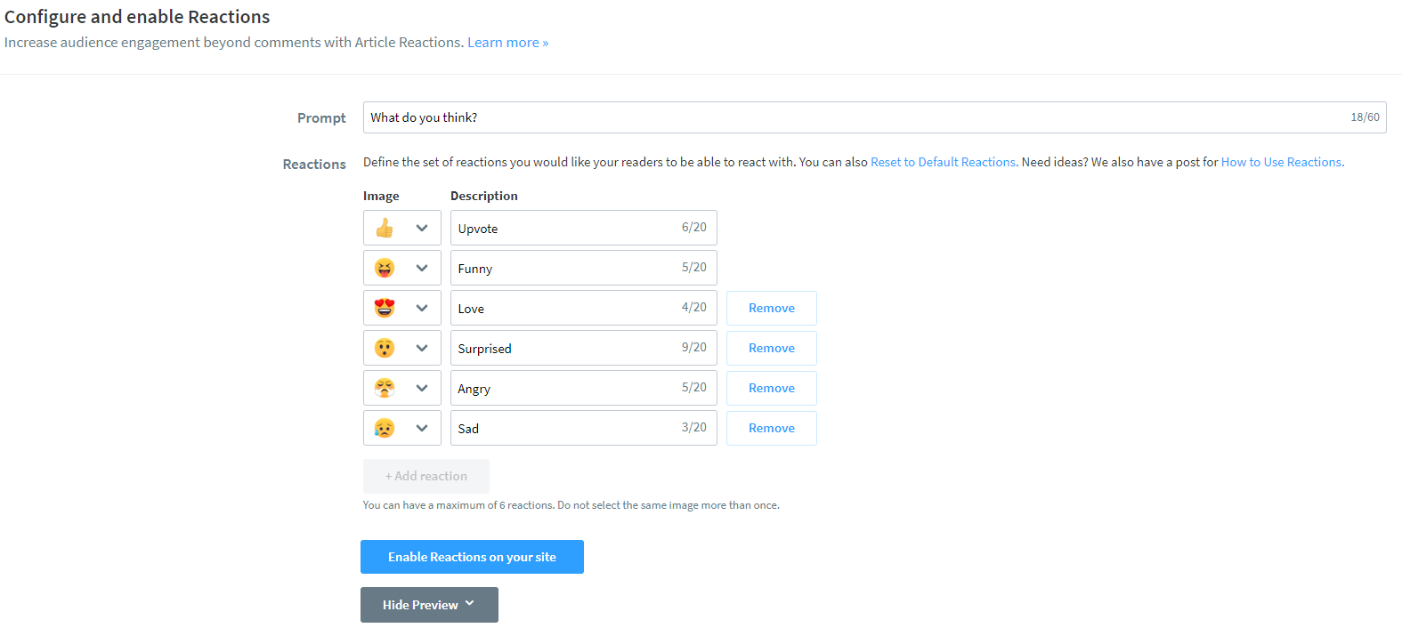 Schermata della pagina di configurazione e abilitazione delle reazioni della dashboard di Disqus