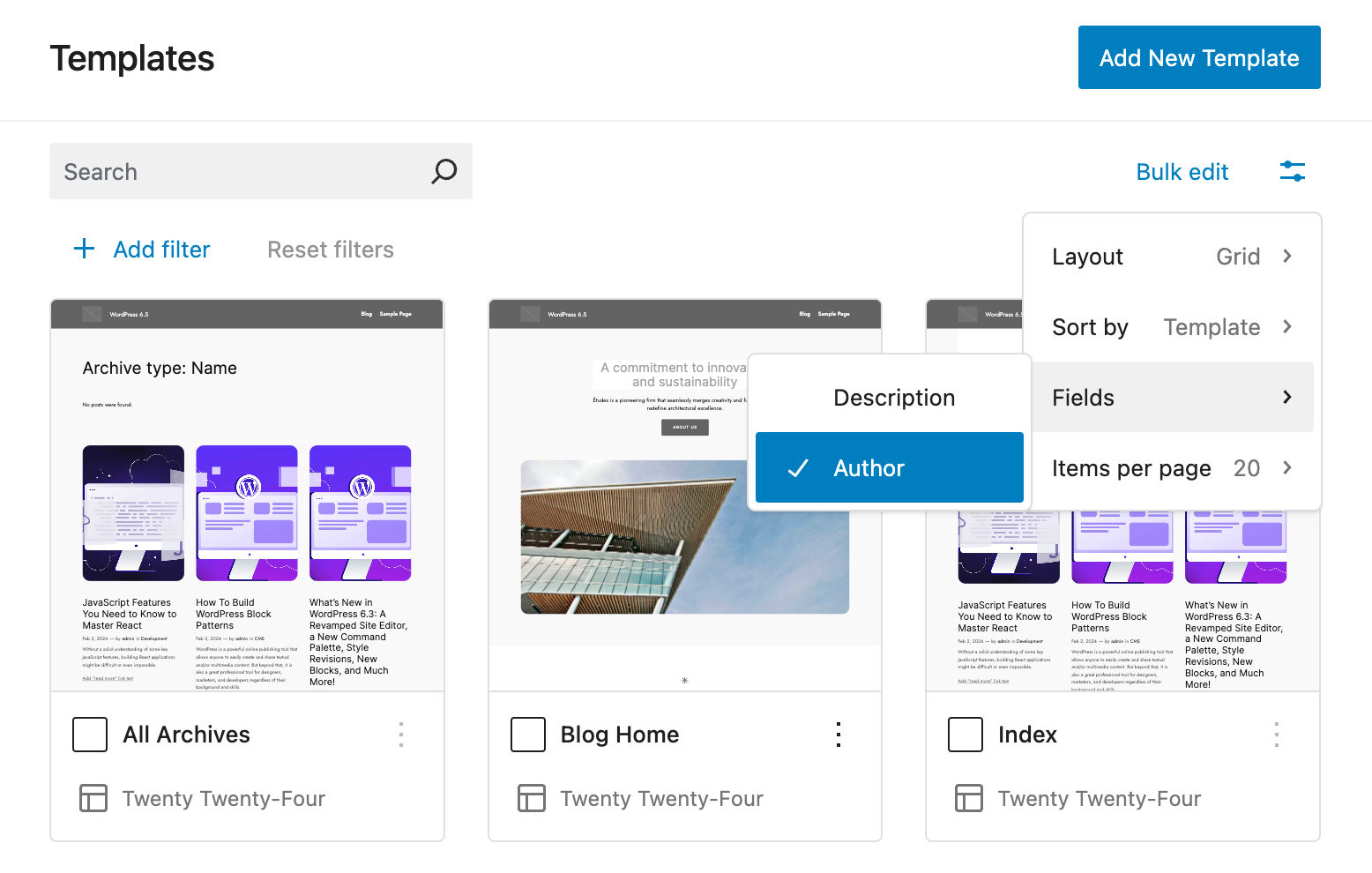 Impostazione dei campi per la vista Templates