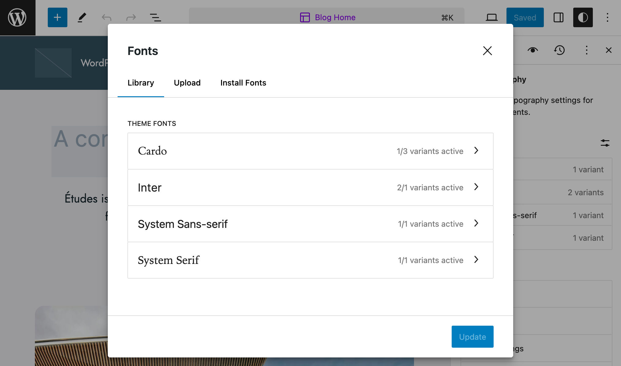 L'interfaccia della libreria dei font in WordPress 6.5