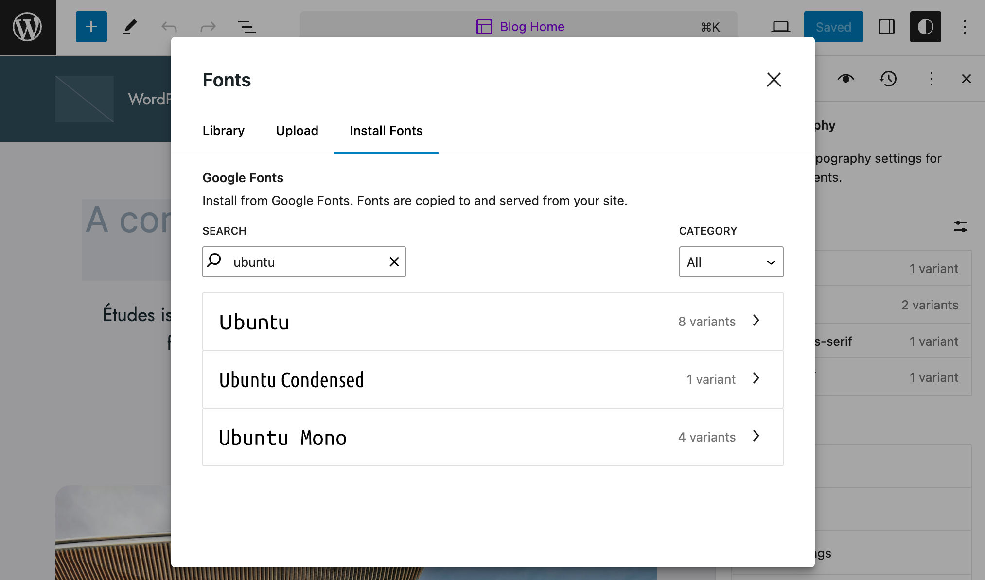 Ricerca di font per nome in WordPress 6.5