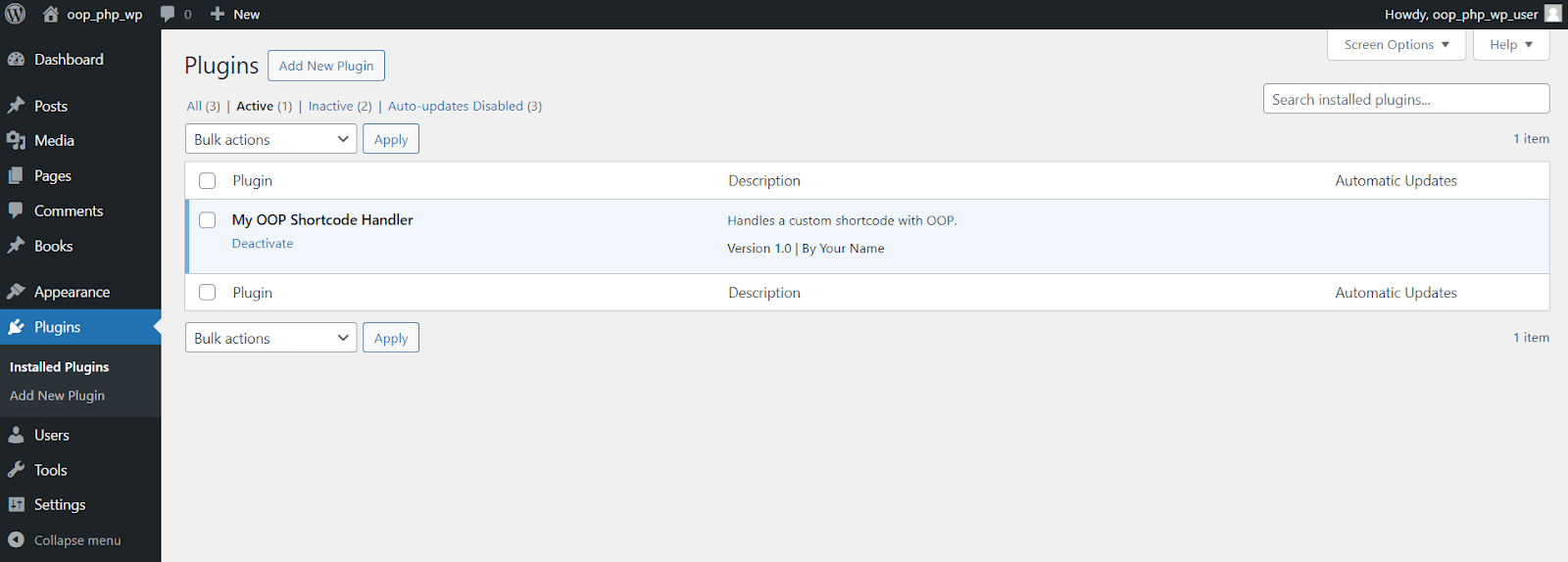 Screenshot der Seite Plugins. Oben auf der Seite gibt es eine Schaltfläche Neues Plugin hinzufügen. Darunter befindet sich eine Liste von Plugins. My OOP Shortcode Handler ist aufgelistet und aktiv
