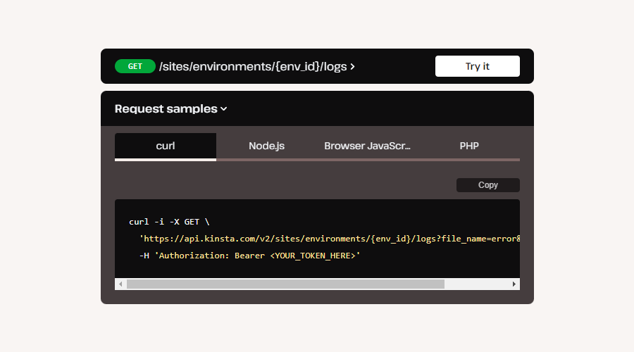 Configuração de um programa para rastrear os registros do site com a API da Kinsta.