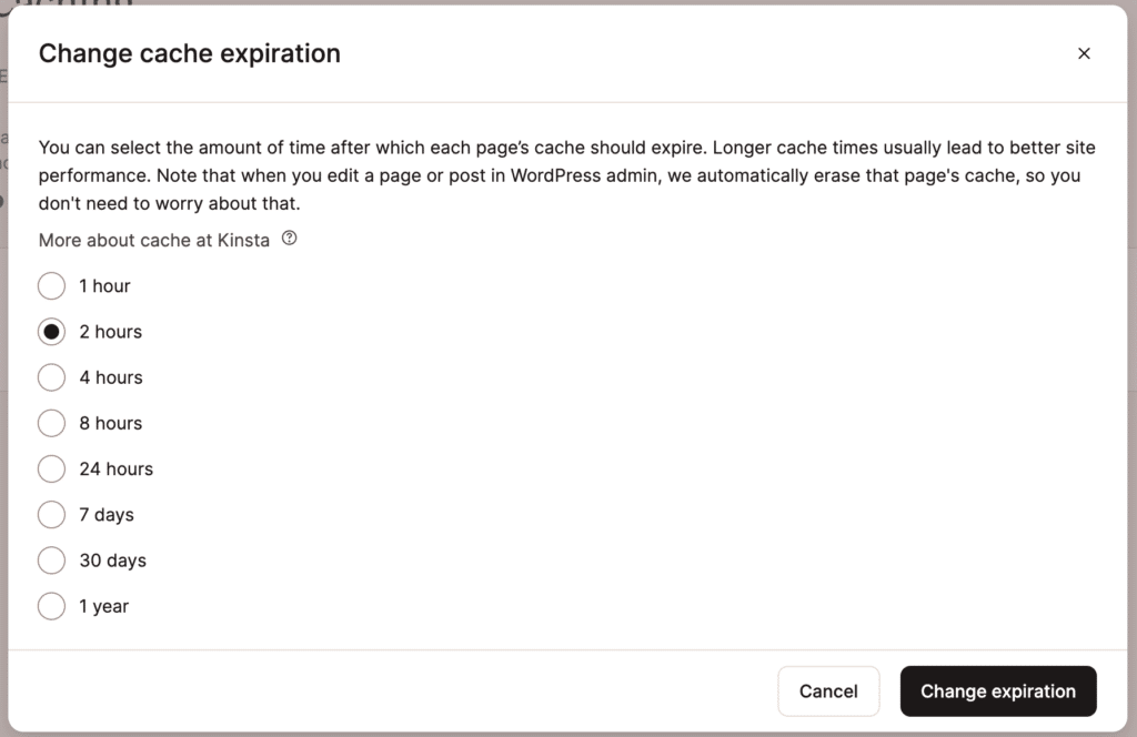 Étape de confirmation pour sélectionner l'heure d'expiration du cache dans MyKinsta.