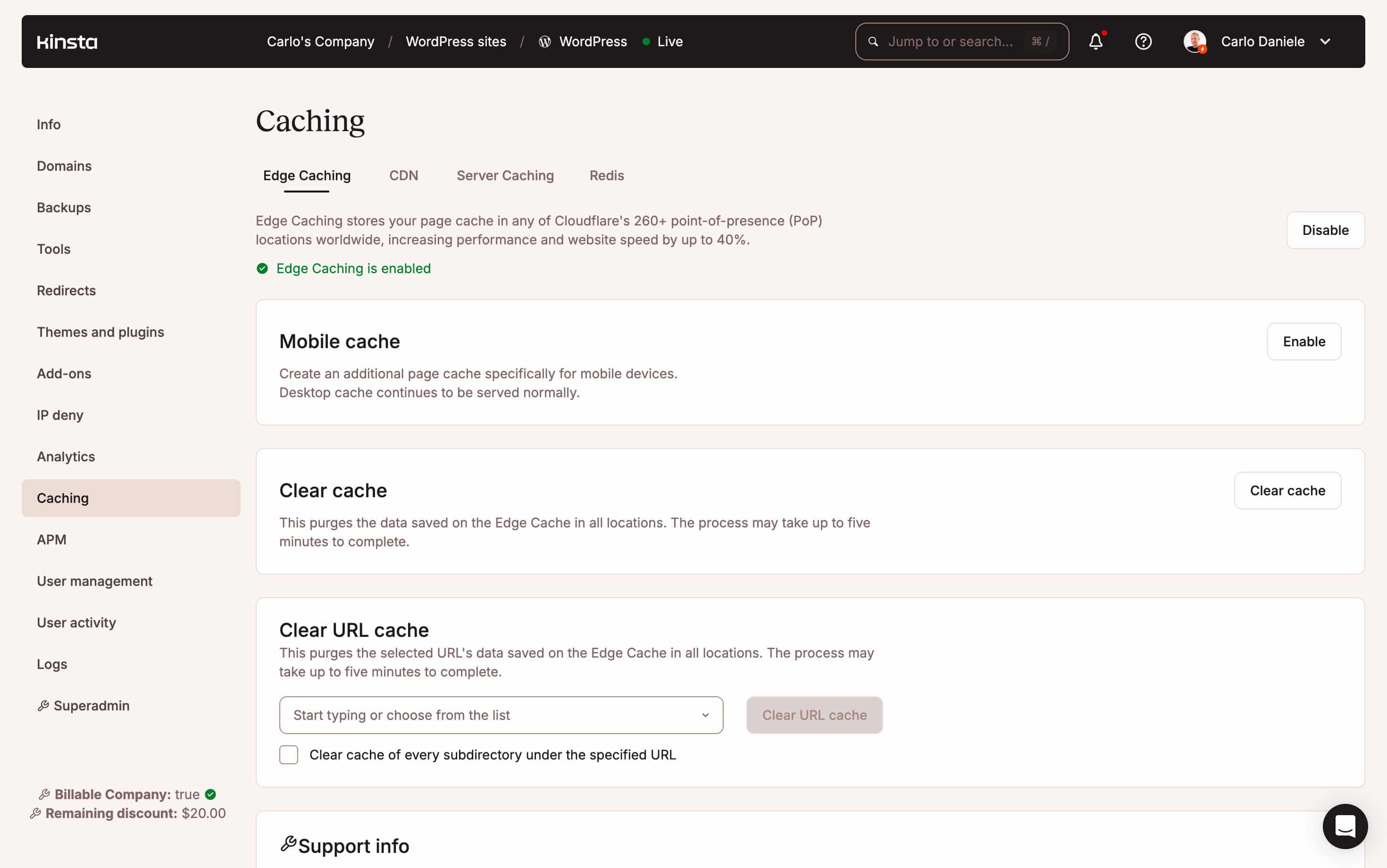 Opzioni di Edge Caching in MyKinsta