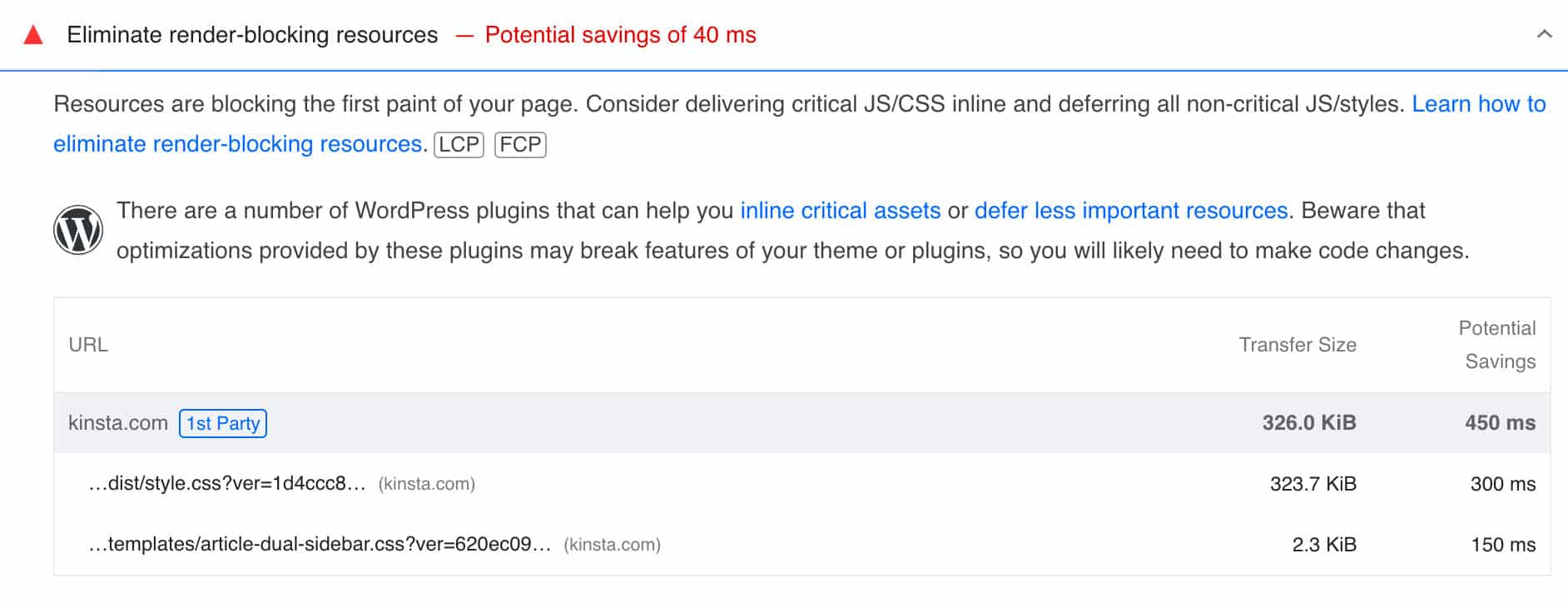 Il messaggio Eliminare le risorse che bloccano il rendering in PageSpeed Insights
