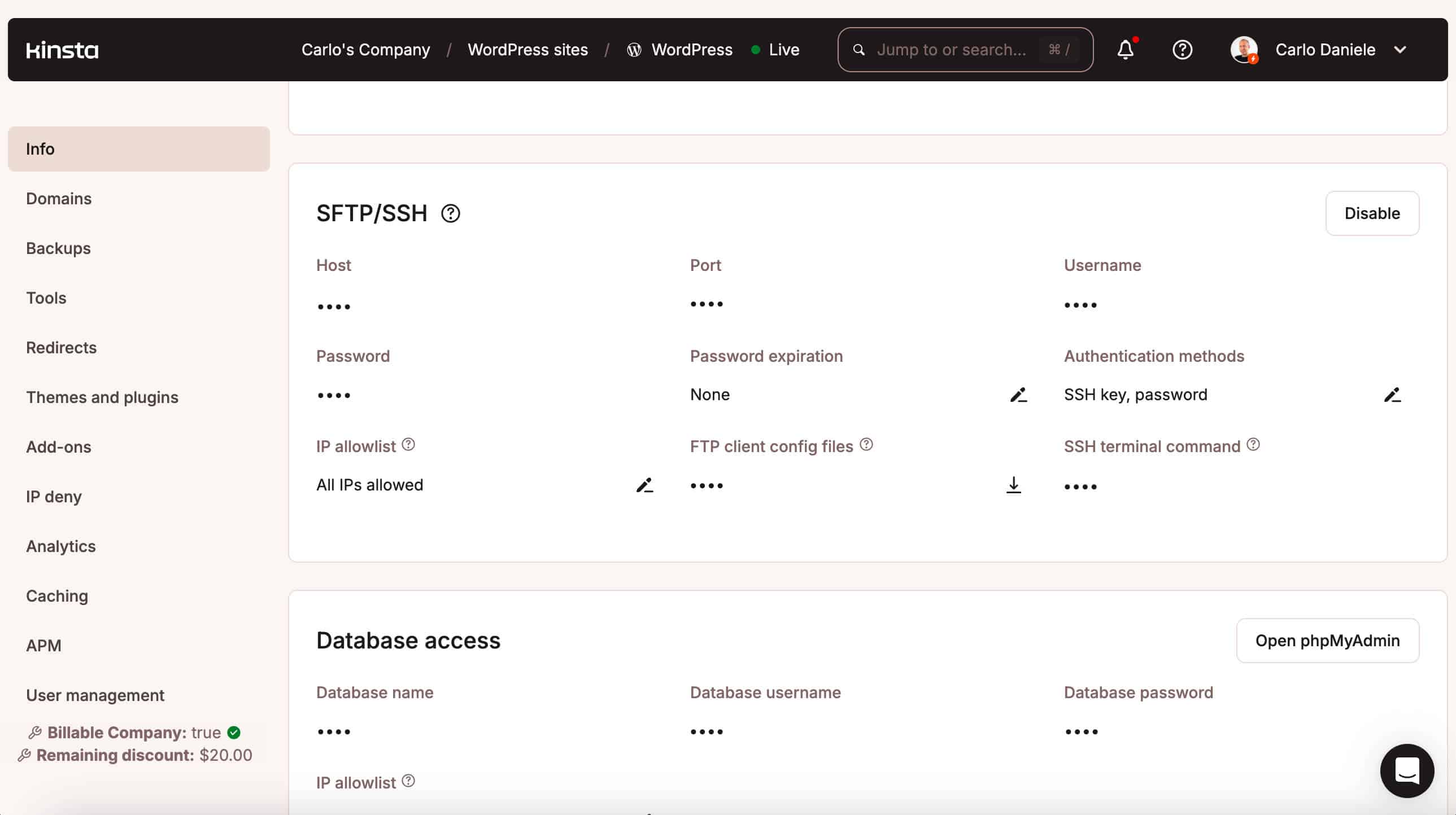 Credenciales del entorno SFTP en MyKinsta