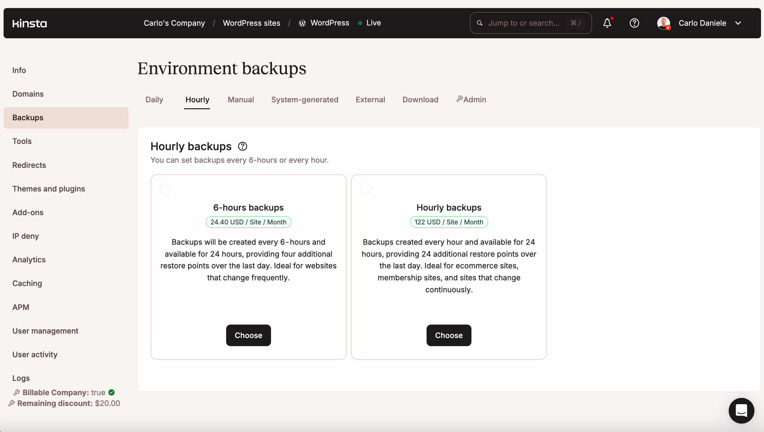 Copias de seguridad cada hora en MyKinsta