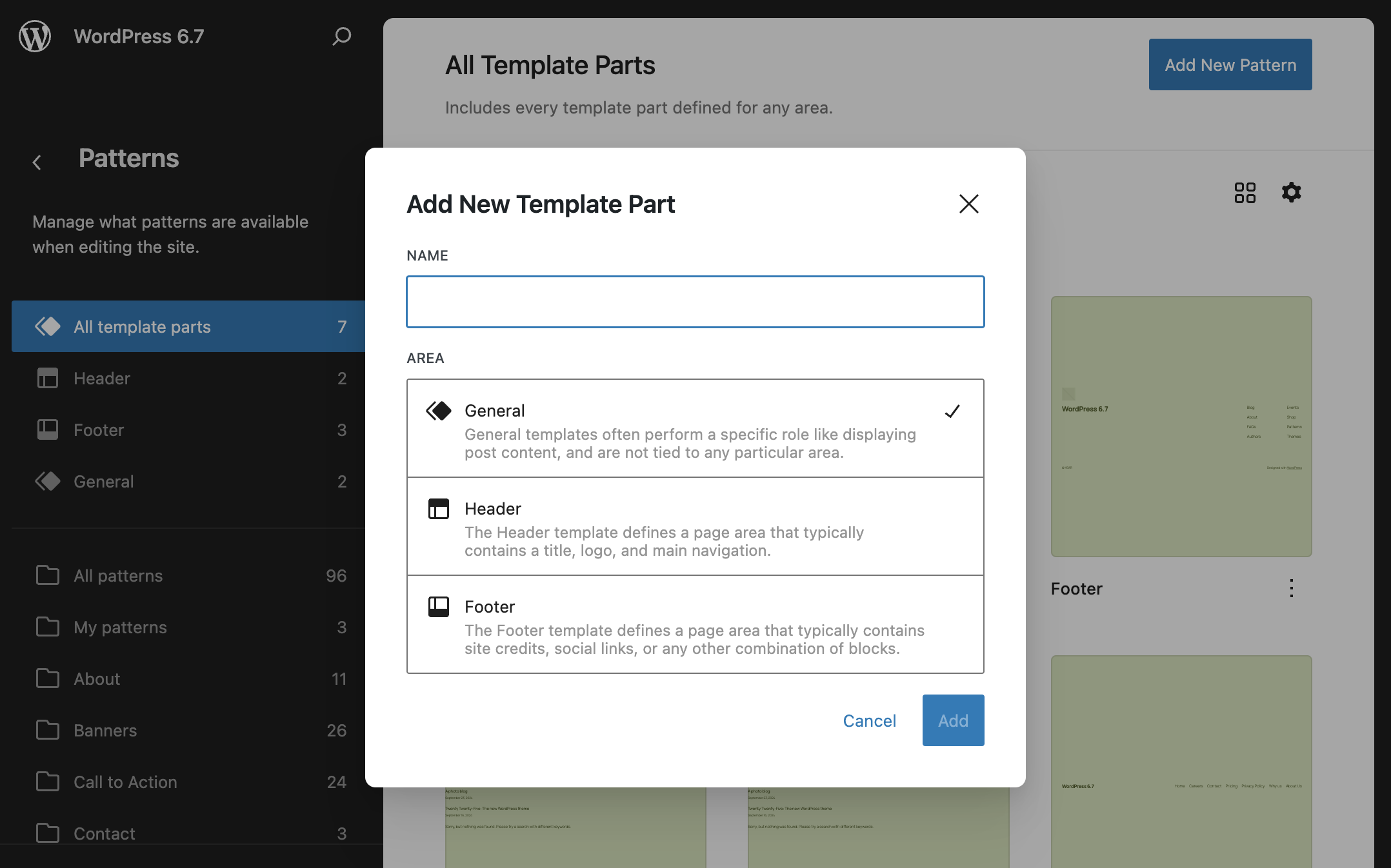 Aggiungere una nuova parte di template in WordPress 6.7