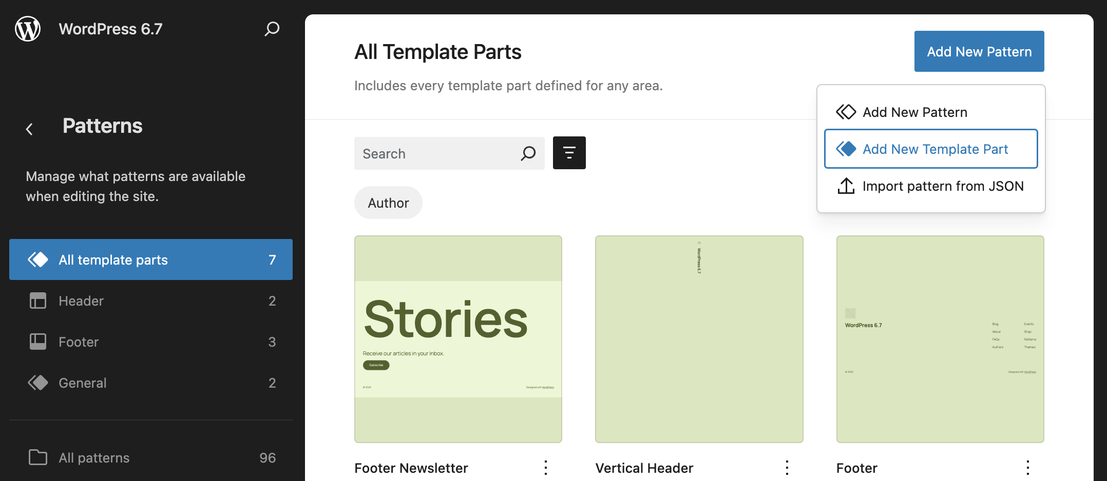 Creare una nuova parte di template in WordPress 6.7