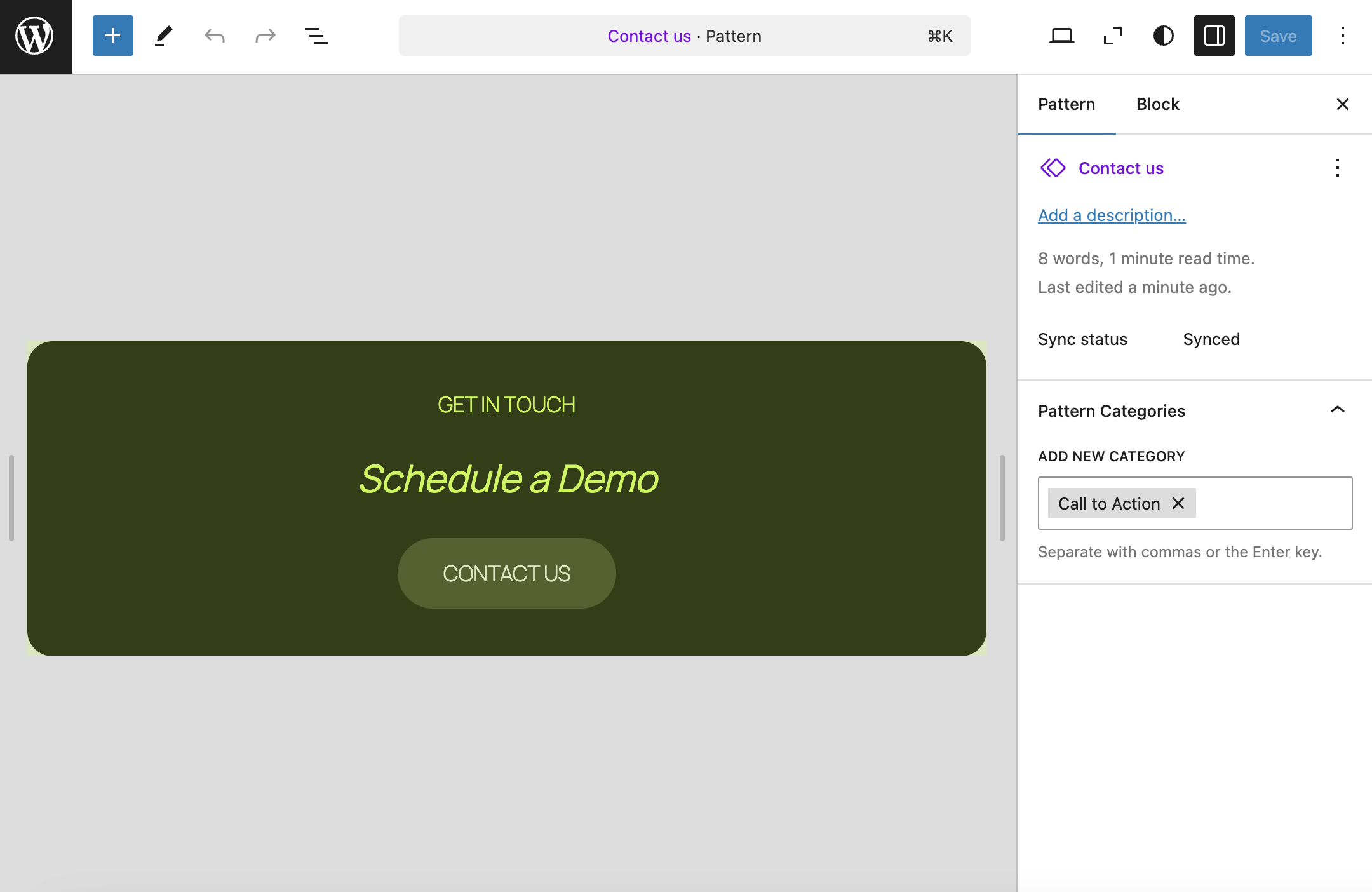 Un pattern personalizzato nell'editor del sito