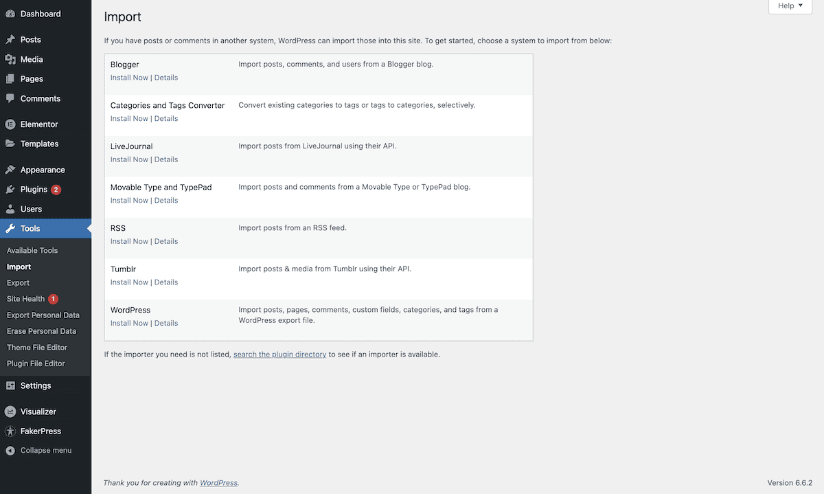 La pagina delle opzioni di importazione di WordPress. La barra laterale di sinistra mostra varie voci di menu, come Dashboard, Post, Media e Strumenti. L'area principale del contenuto mostra un elenco di diverse piattaforme da cui gli utenti possono importare i contenuti, tra cui Blogger, LiveJournal, Movable Type, RSS, Tumblr e WordPress stesso. Ogni opzione è accompagnata dai link Installa ora e Dettagli.