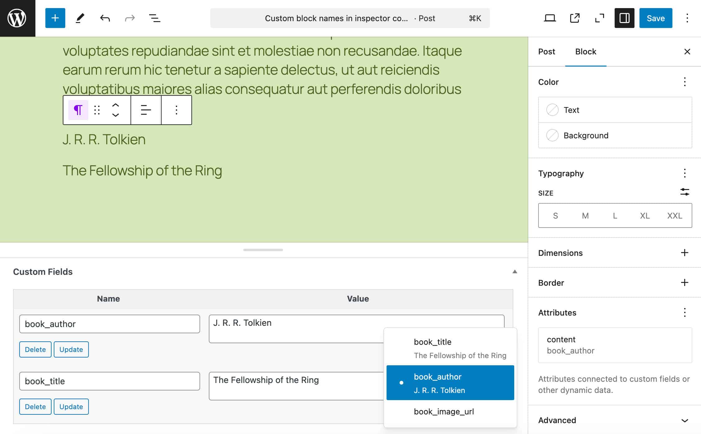 El nuevo panel Atributos en WordPress 6.7