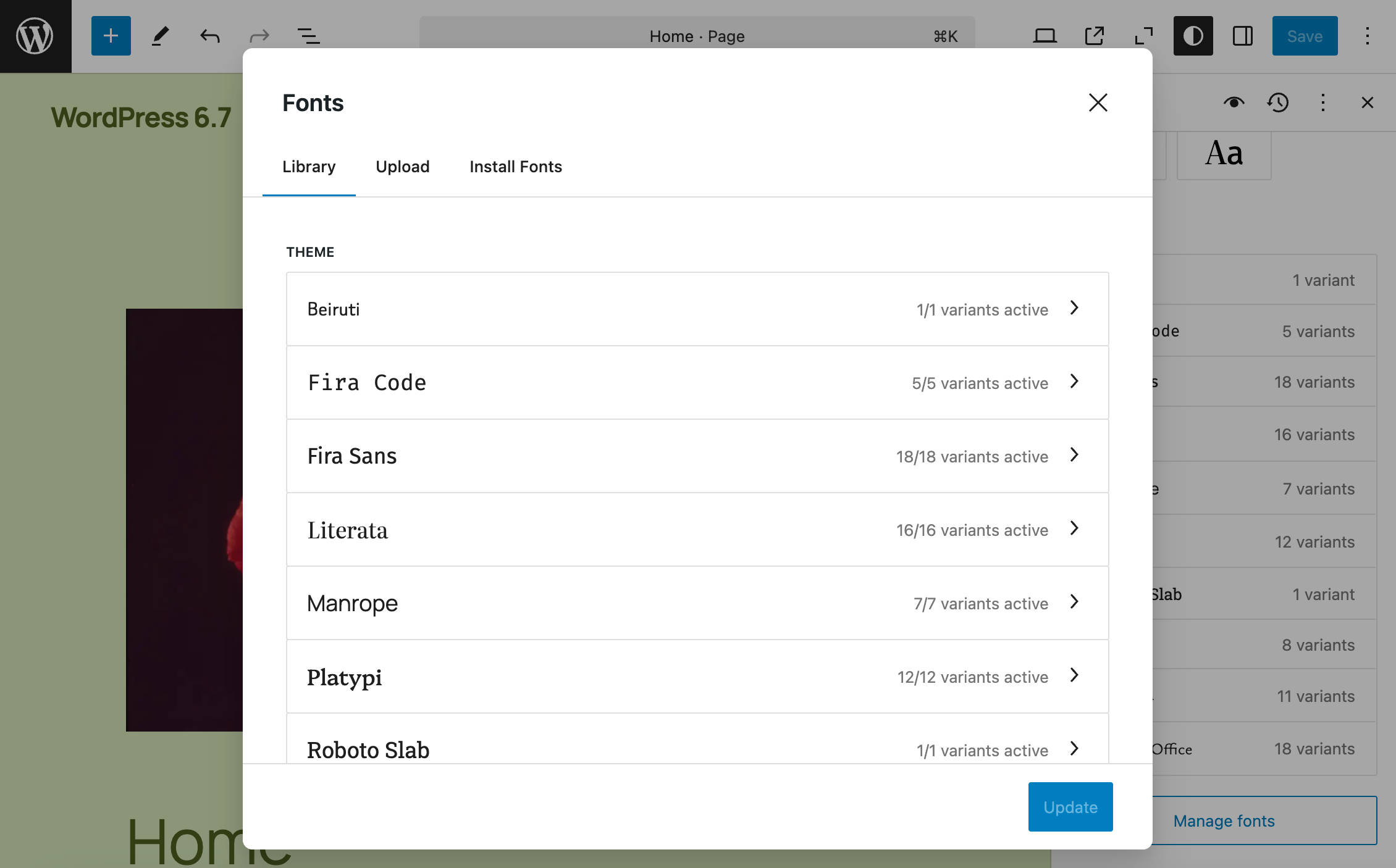 Fuentes agrupadas por origen en WordPress 6.7.